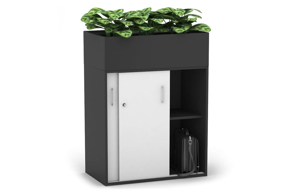 Uniform Medium Credenza + Planter Box [800W x 1125H x 428D]-Black dark oak black handle
