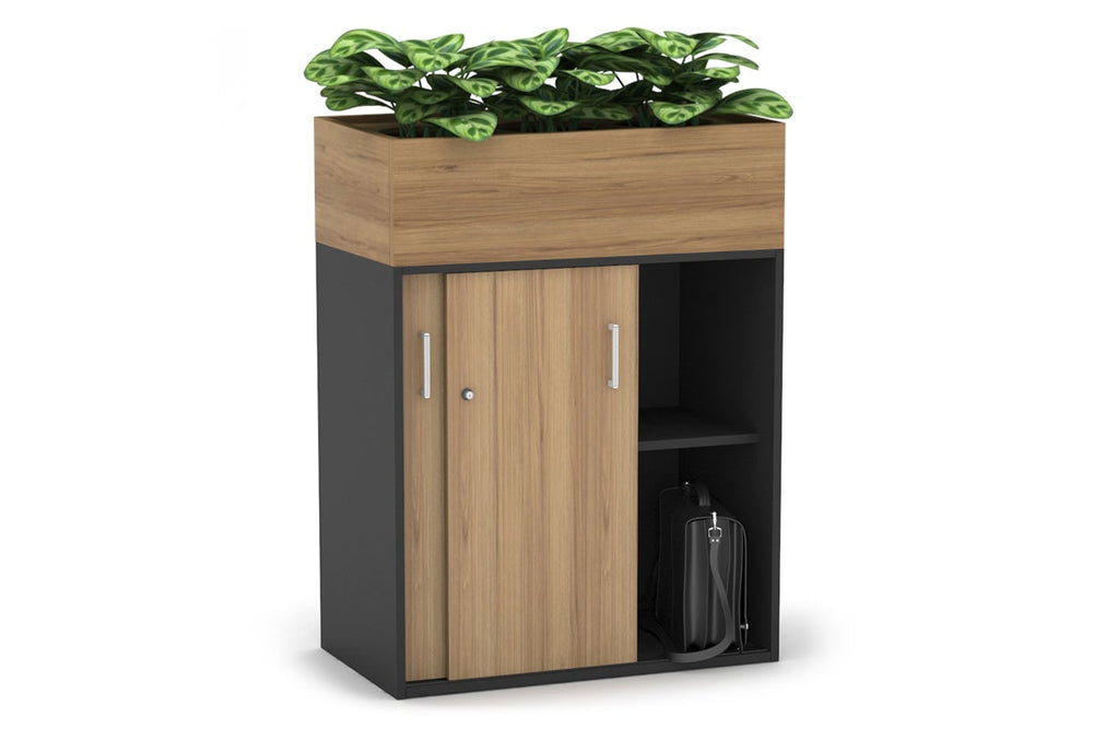 Uniform Medium Credenza + Planter Box [800W x 1125H x 428D]-Black dark oak black handle