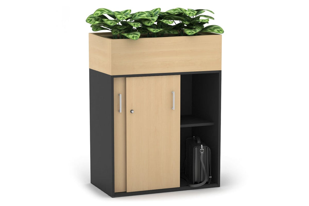 Uniform Medium Credenza + Planter Box [800W x 1125H x 428D]-Black dark oak black handle