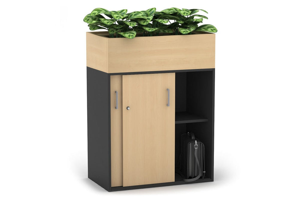 Uniform Medium Credenza + Planter Box [800W x 1125H x 428D]-Black dark oak black handle