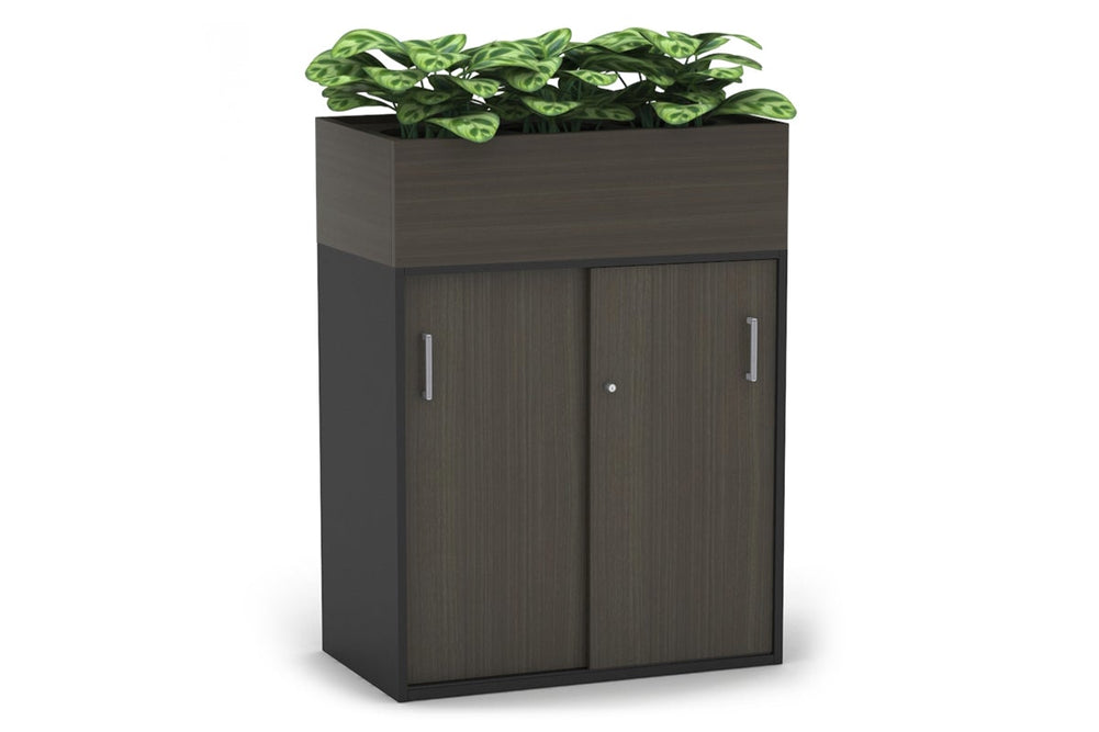 Uniform Medium Credenza + Planter Box [800W x 1125H x 428D]-Black dark oak silver handle