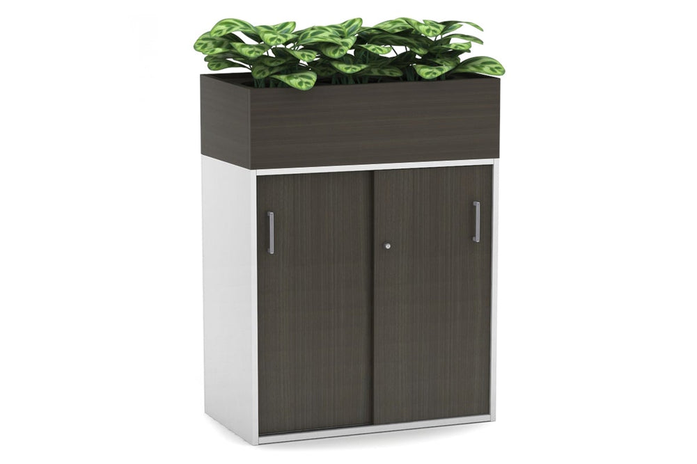Uniform Medium Credenza + Planter Box [800W x 1125H x 428D]-White dark oak silver handle