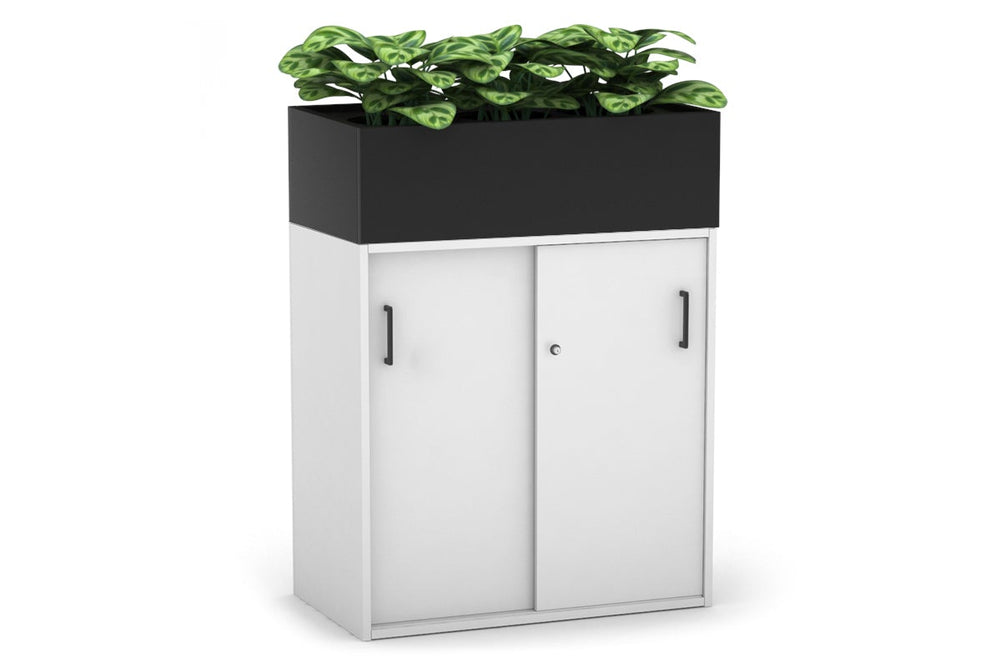 Uniform Medium Credenza + Planter Box [800W x 1125H x 428D]-White black black handle