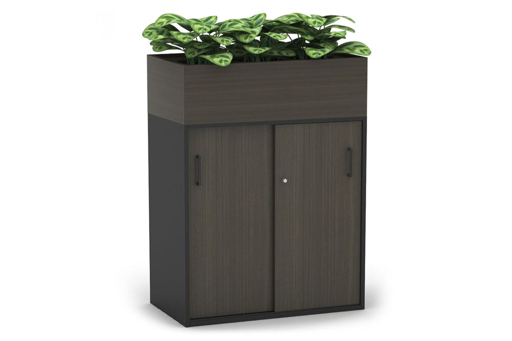 Uniform Medium Credenza + Planter Box [800W x 1125H x 428D]-Black dark oak black handle