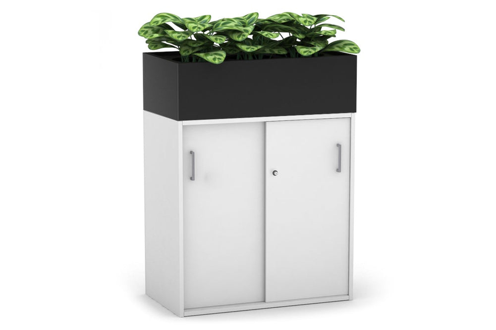 Uniform Medium Credenza + Planter Box [800W x 1125H x 428D]-White black silver handle