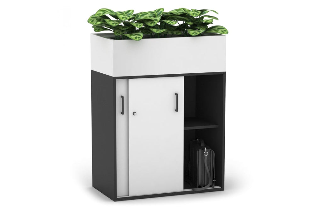 Uniform Medium Credenza + Planter Box [800W x 1125H x 428D]-Black dark oak black handle