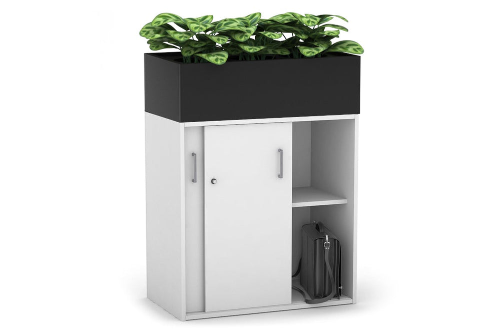 Uniform Medium Credenza + Planter Box [800W x 1125H x 428D]-Black dark oak black handle