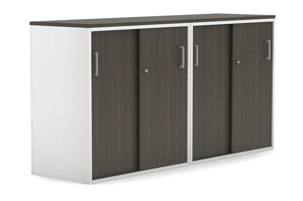 Uniform Medium Sliding Door Credenza [1600W x 900H x 450D]-White dark oak silver handle