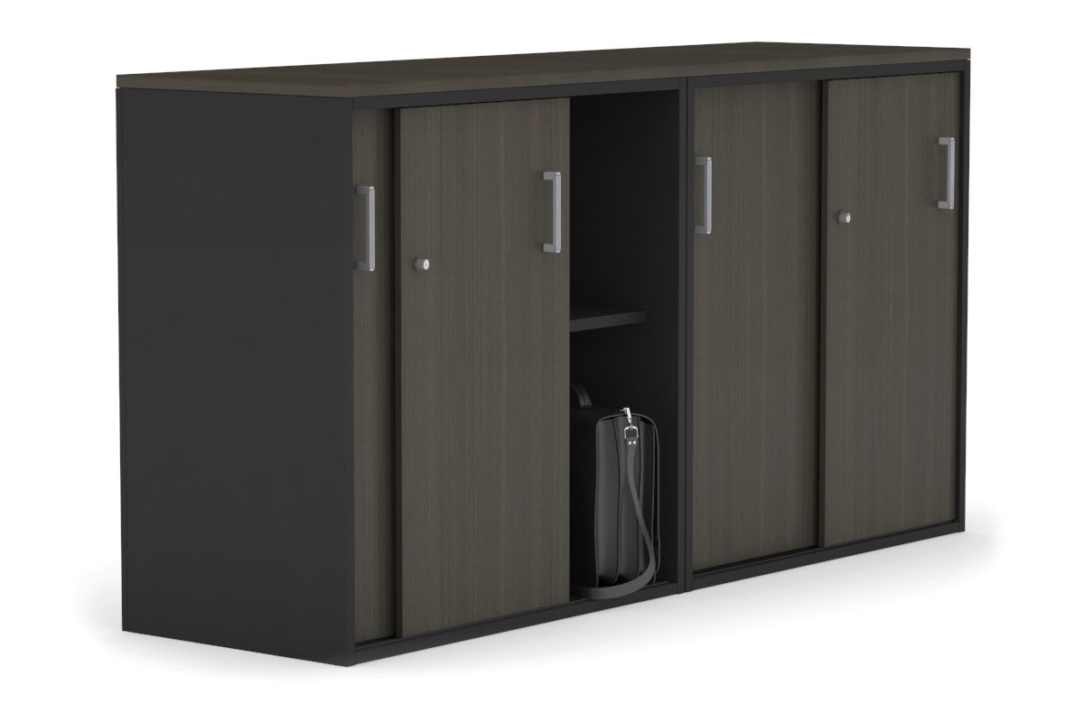 Uniform Medium Sliding Door Credenza [1600W x 900H x 450D] Jasonl Black dark oak silver handle