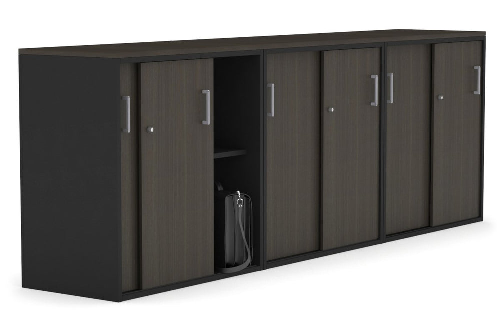 Uniform Medium Sliding Door Credenza [2400W x 900H x 450D]-Black dark oak silver handle