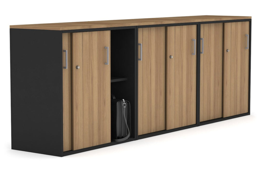 Uniform Medium Sliding Door Credenza [2400W x 900H x 450D]-Black salvage oak silver handle