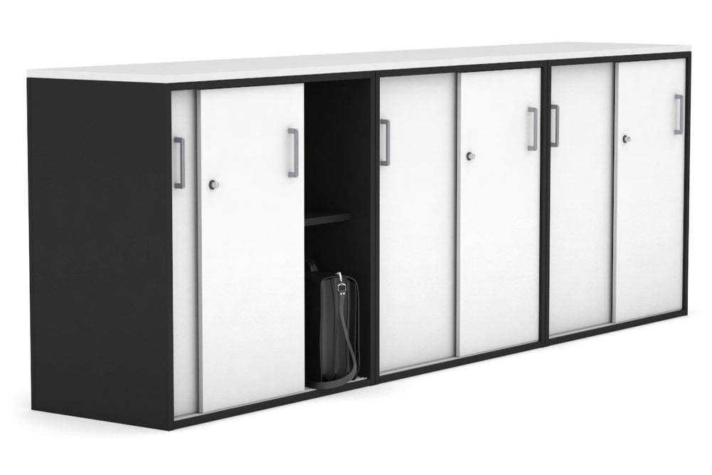 Uniform Medium Sliding Door Credenza [2400W x 900H x 450D]-Black white silver handle