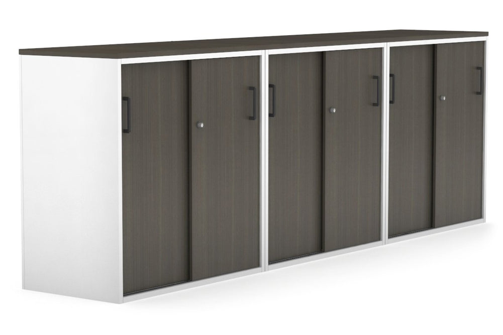 Uniform Medium Sliding Door Credenza [2400W x 900H x 450D]-White dark oak black handle