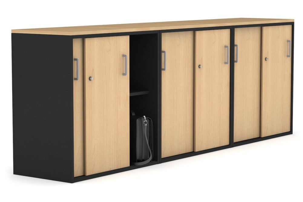 Uniform Medium Sliding Door Credenza [2400W x 900H x 450D]-Black maple silver handle