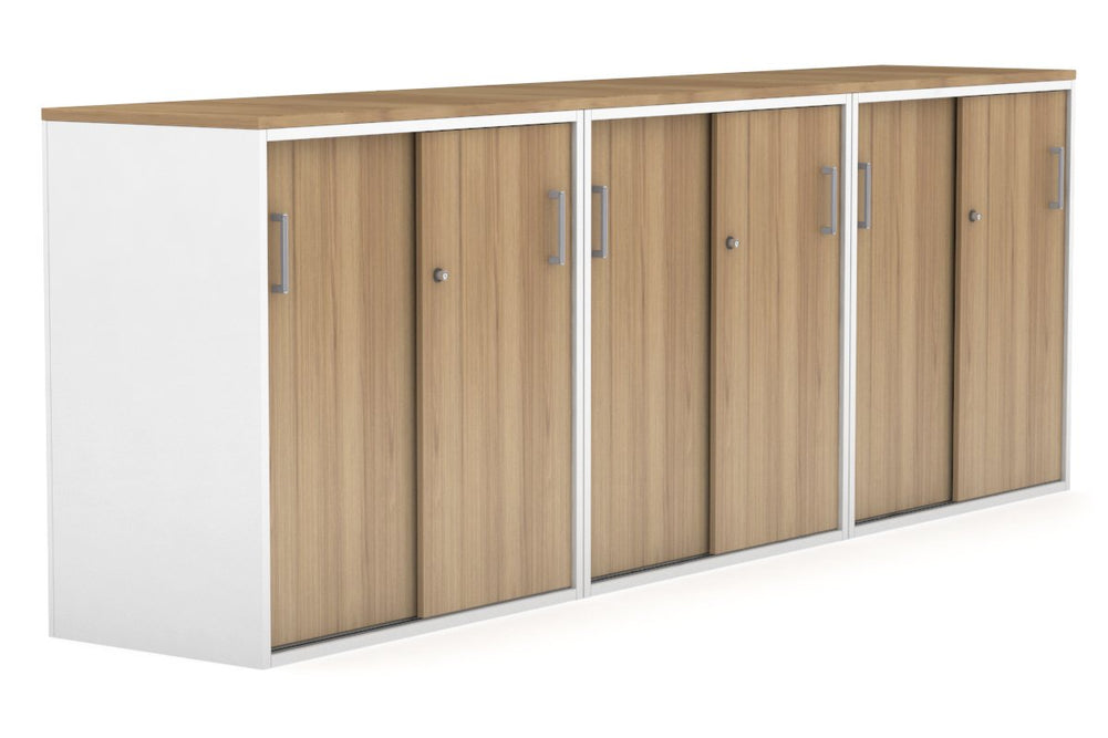Uniform Medium Sliding Door Credenza [2400W x 900H x 450D]-White salvage oak silver handle