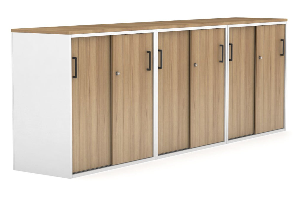 Uniform Medium Sliding Door Credenza [2400W x 900H x 450D]-White salvage oak black handle
