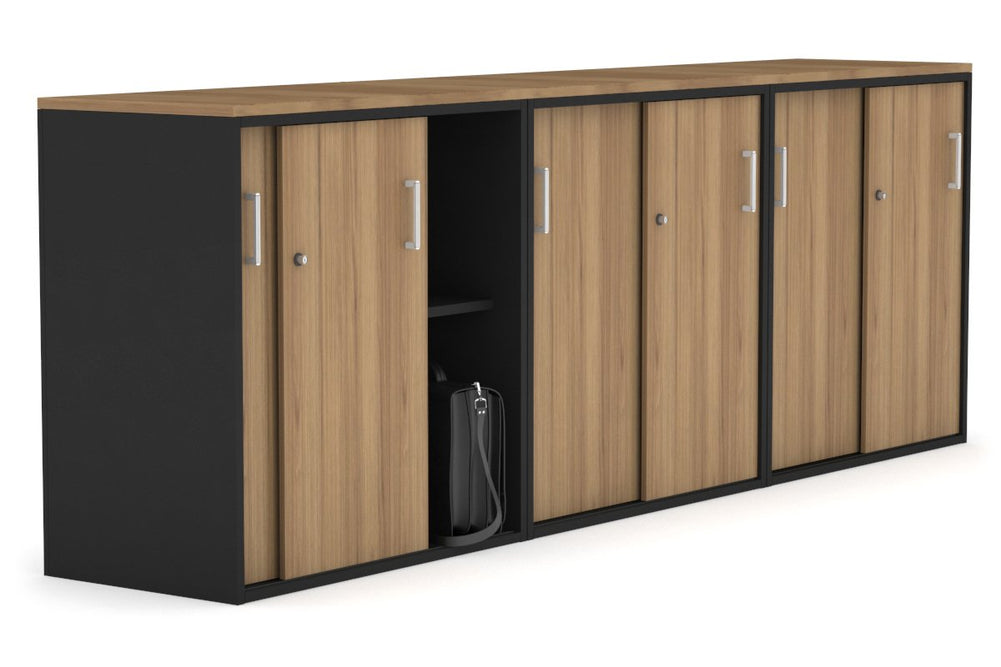 Uniform Medium Sliding Door Credenza [2400W x 900H x 450D]-Black salvage oak white handle