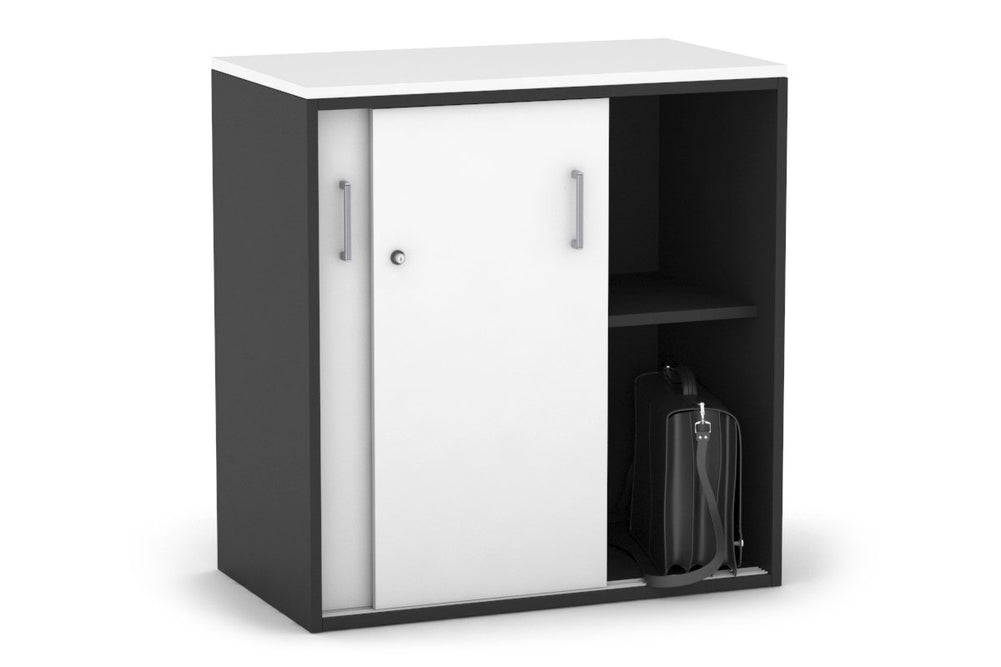 Uniform Medium Sliding Door Credenza [800W x 900H x 450D]-Black white silver handle