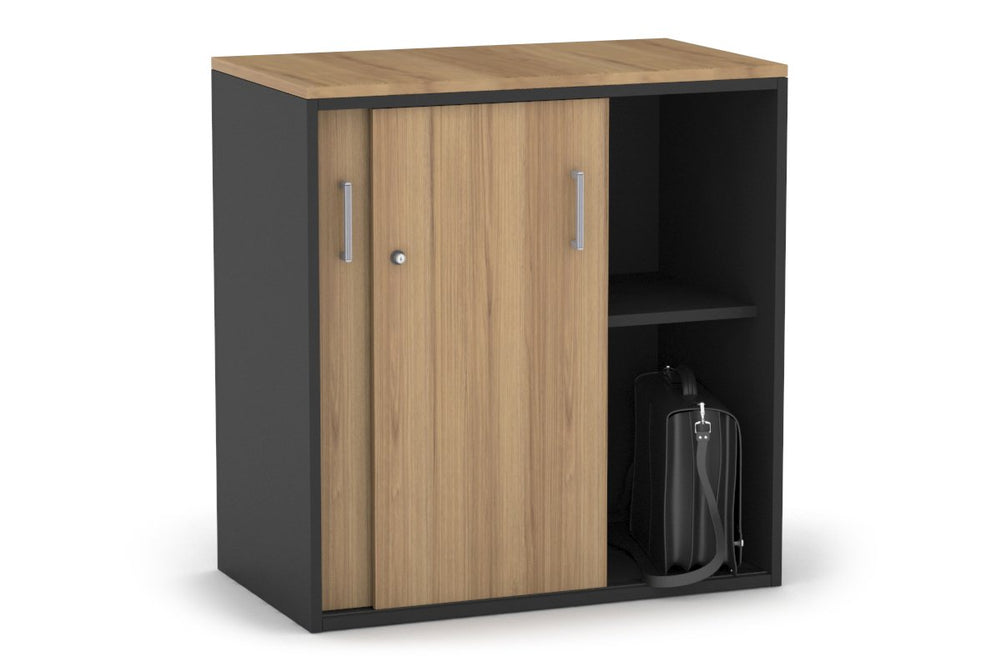 Uniform Medium Sliding Door Credenza [800W x 900H x 450D]-Black salvage oak silver handle