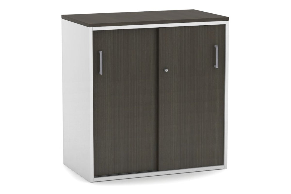 Uniform Medium Sliding Door Credenza [800W x 900H x 450D]-White dark oak silver handle