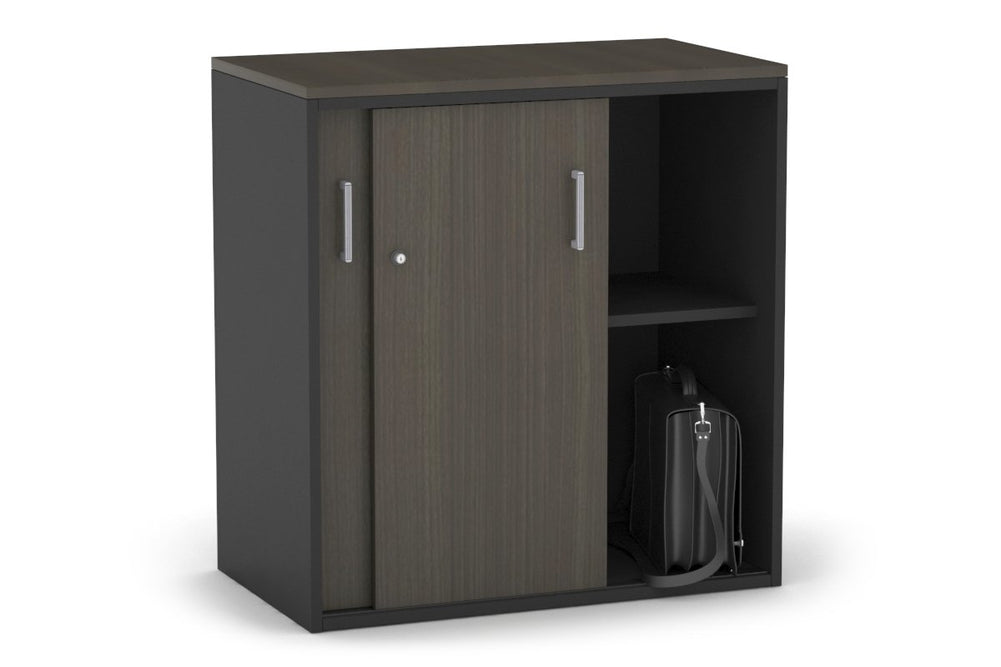 Uniform Medium Sliding Door Credenza [800W x 900H x 450D]-Black dark oak silver handle
