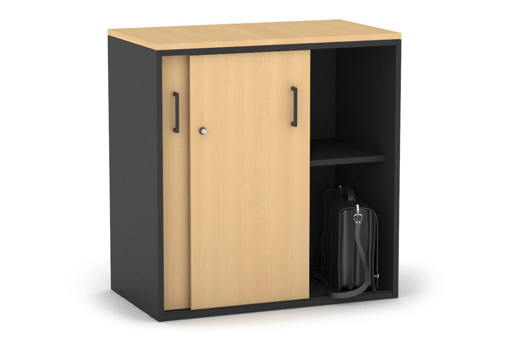 Uniform Medium Sliding Door Credenza [800W x 900H x 450D]-Black maple black handle