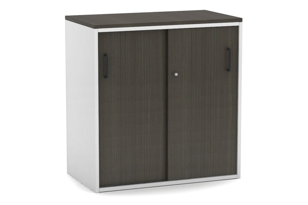 Uniform Medium Sliding Door Credenza [800W x 900H x 450D]-White dark oak black handle
