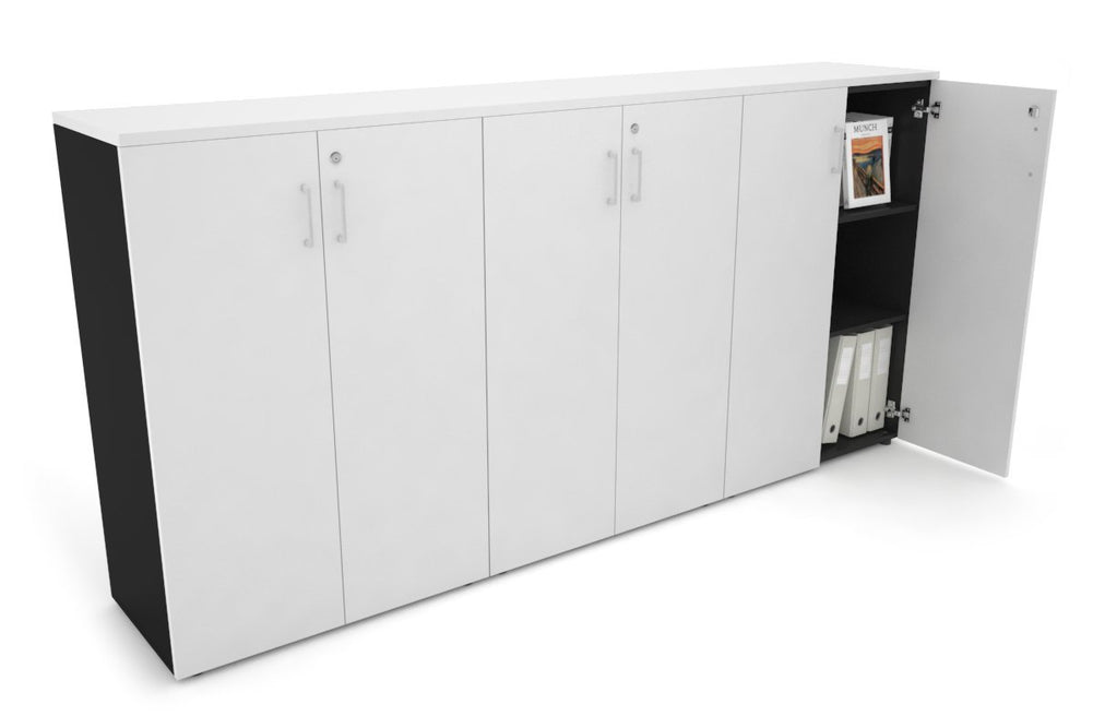 Uniform Medium Storage Cupboard with Medium Doors [2400W x 1170H x 450D]-Black white white handle