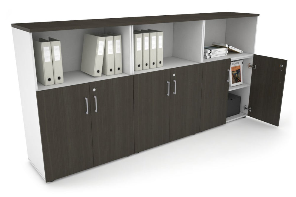 Uniform Medium Storage Cupboard with Small Doors [2400W x 1170H x 450D]-White dark oak silver handle