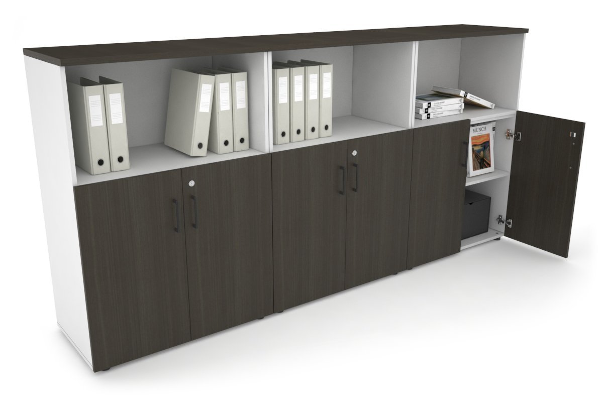 Uniform Medium Storage Cupboard with Small Doors [2400W x 1170H x 450D]-White dark oak black handle