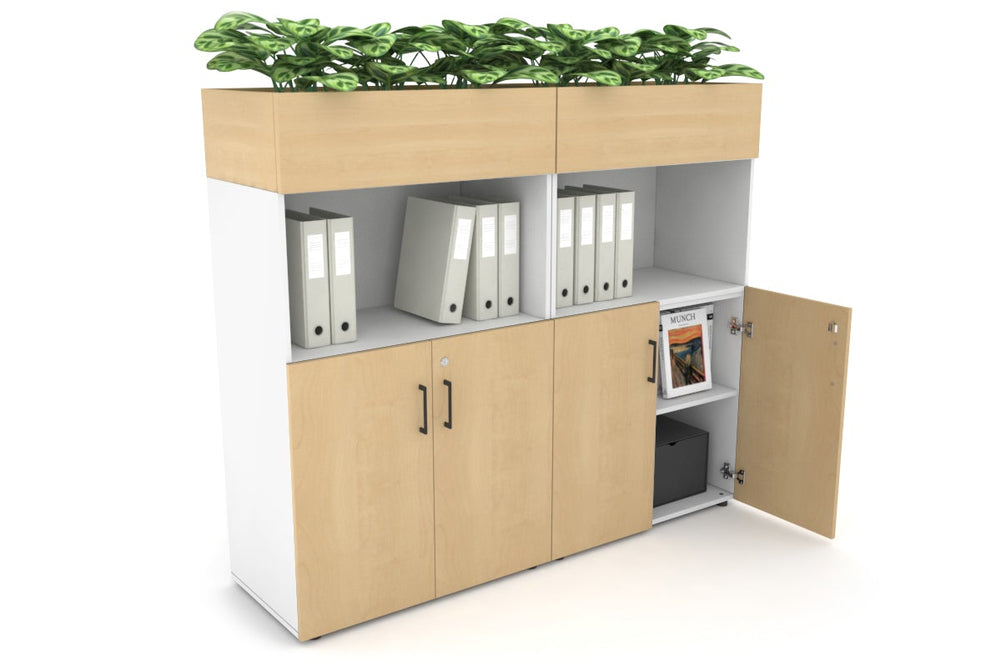 Uniform Medium Storage with Small Doors + Planter Box [1600W x 1395H x 450D]-White maple black handle