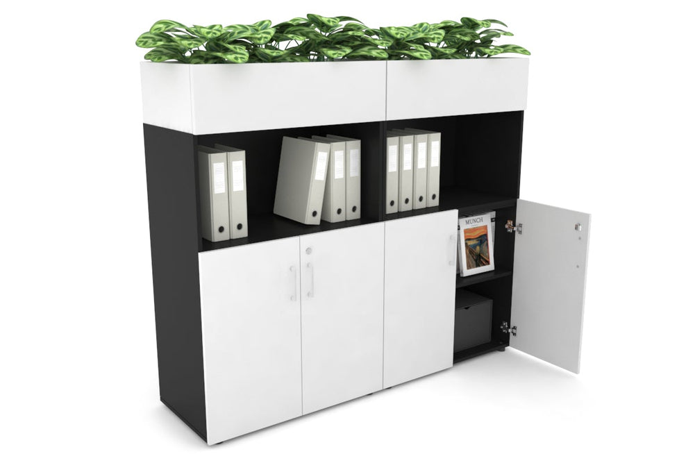 Uniform Medium Storage with Small Doors + Planter Box [1600W x 1395H x 450D]-Black white white handle