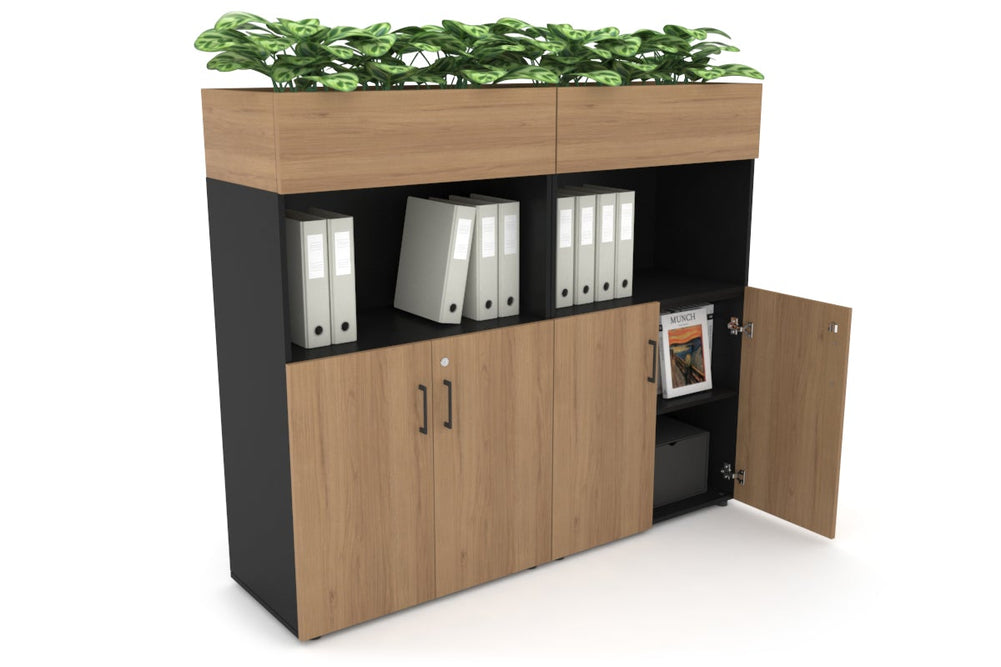 Uniform Medium Storage with Small Doors + Planter Box [1600W x 1395H x 450D]-Black salvage oak black handle