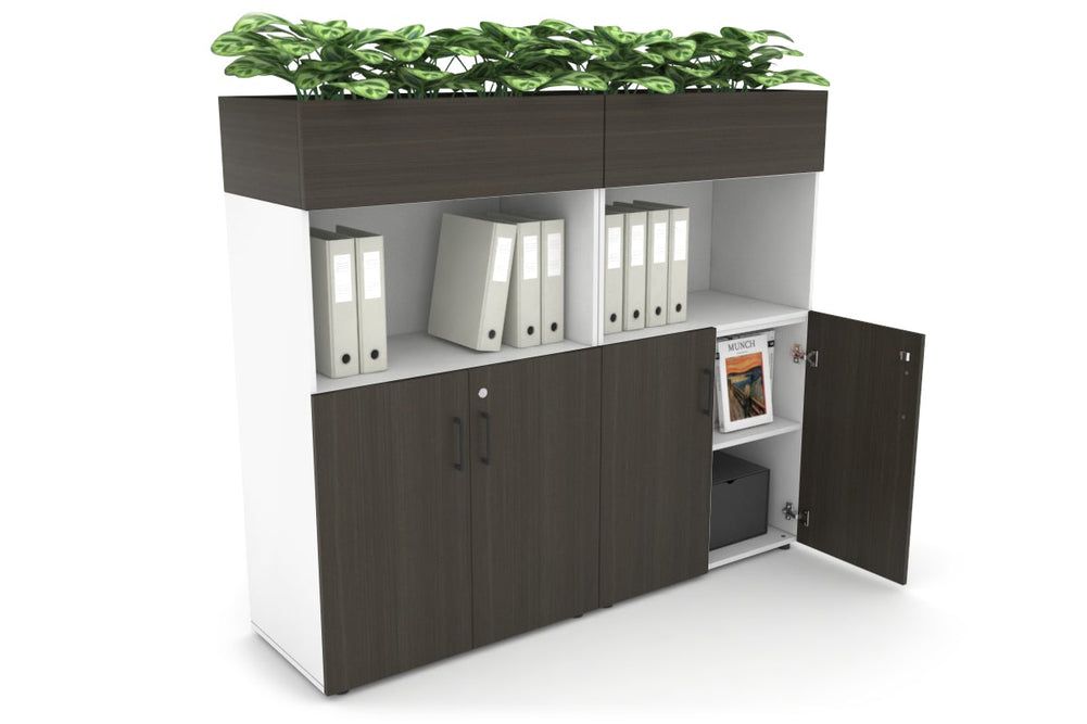 Uniform Medium Storage with Small Doors + Planter Box [1600W x 1395H x 450D]-White dark oak black handle