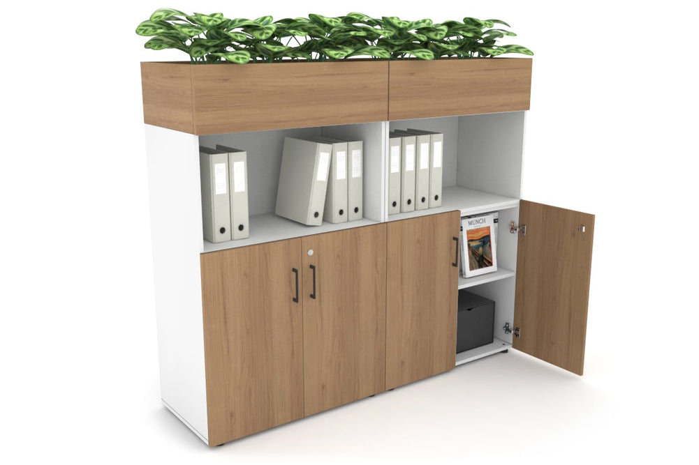Uniform Medium Storage with Small Doors + Planter Box [1600W x 1395H x 450D]-White salvage oak black handle