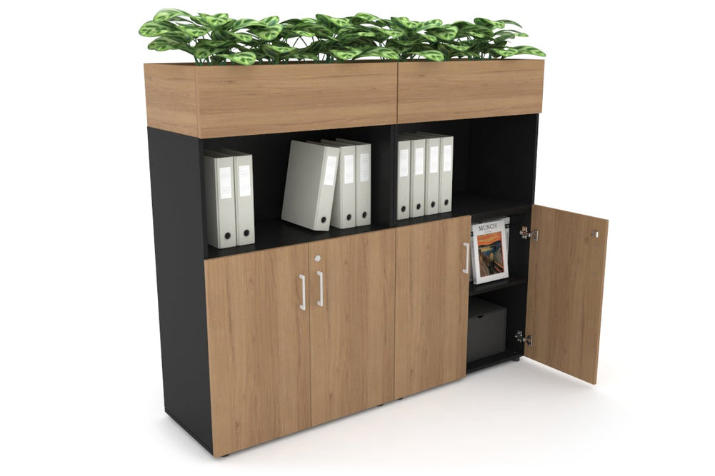 Uniform Medium Storage with Small Doors + Planter Box [1600W x 1395H x 450D]-Black salvage oak white handle