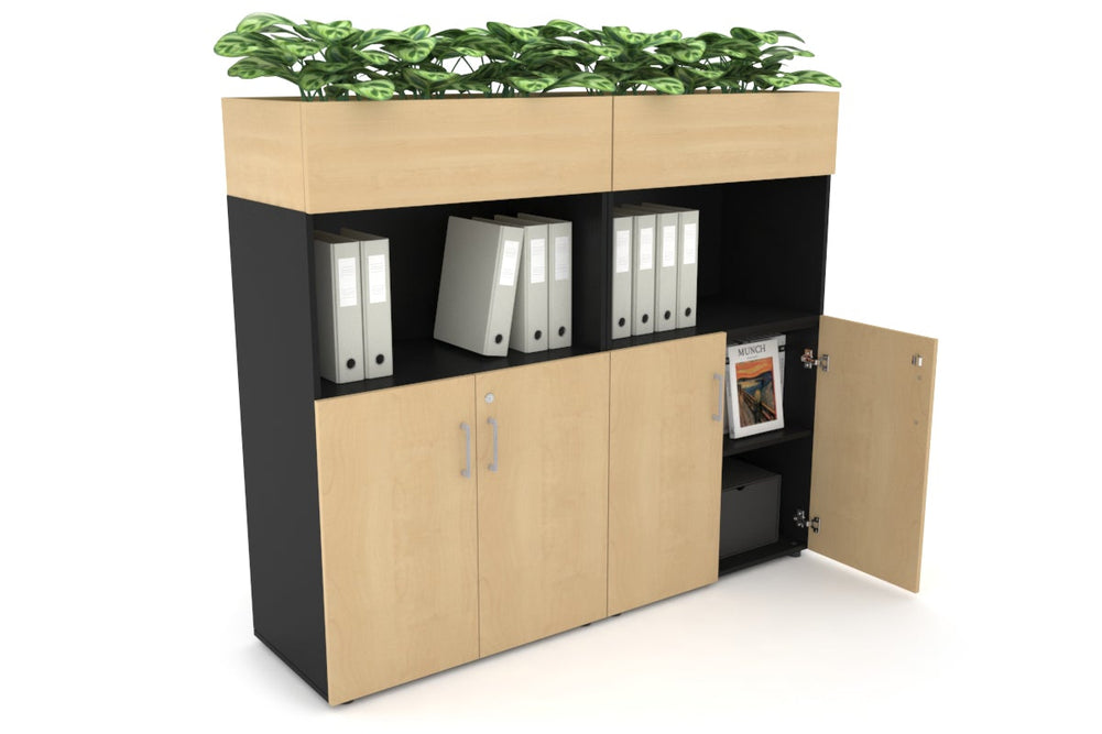 Uniform Medium Storage with Small Doors + Planter Box [1600W x 1395H x 450D]-Black maple silver handle