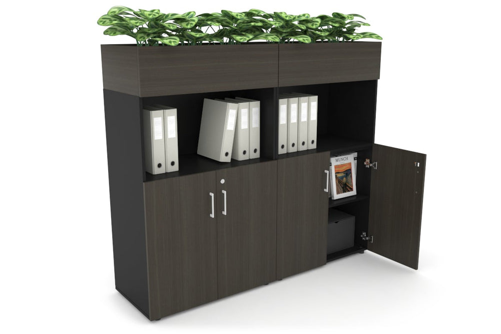 Uniform Medium Storage with Small Doors + Planter Box [1600W x 1395H x 450D]-Black dark oak white handle