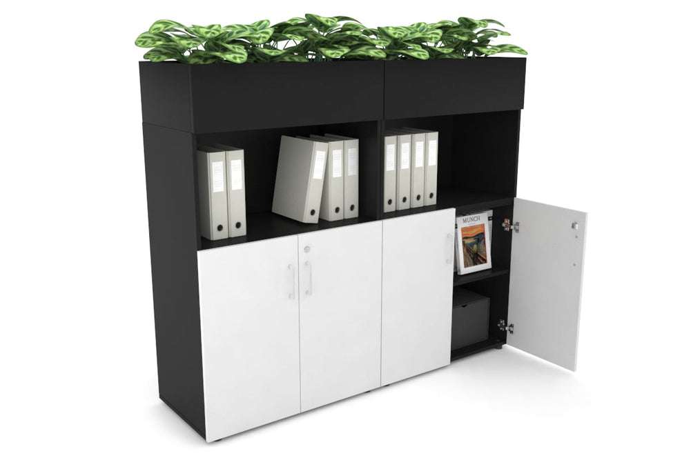 Uniform Medium Storage with Small Doors + Planter Box [1600W x 1395H x 450D]-Black black white handle