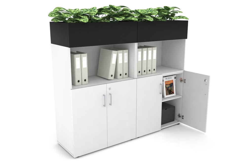 Uniform Medium Storage with Small Doors + Planter Box [1600W x 1395H x 450D]-White black silver handle