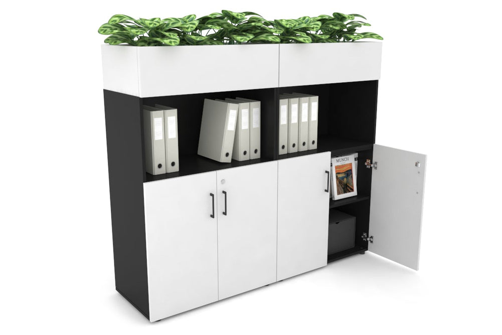 Uniform Medium Storage with Small Doors + Planter Box [1600W x 1395H x 450D]-Black white black handle