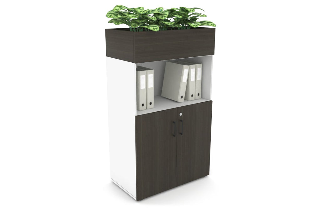 Uniform Medium Storage with Small Doors + Planter Box [800W x 1395H x 450D]-White dark oak black handle