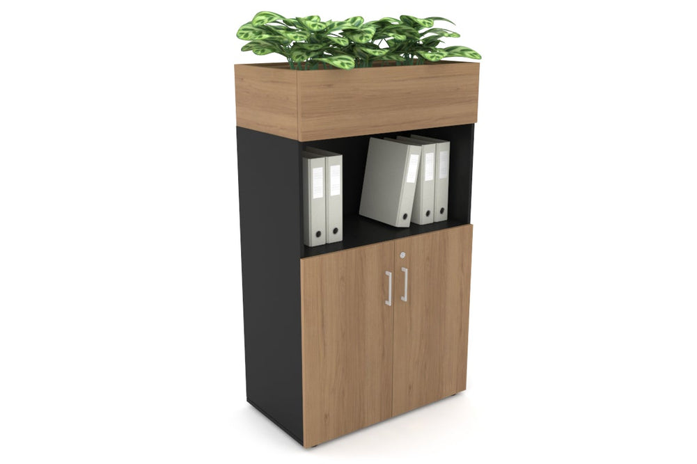 Uniform Medium Storage with Small Doors + Planter Box [800W x 1395H x 450D]-Black salvage oak white handle