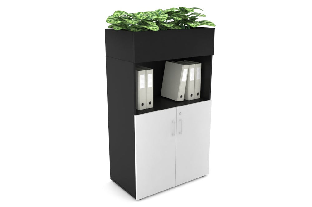 Uniform Medium Storage with Small Doors + Planter Box [800W x 1395H x 450D]-Black black white handle