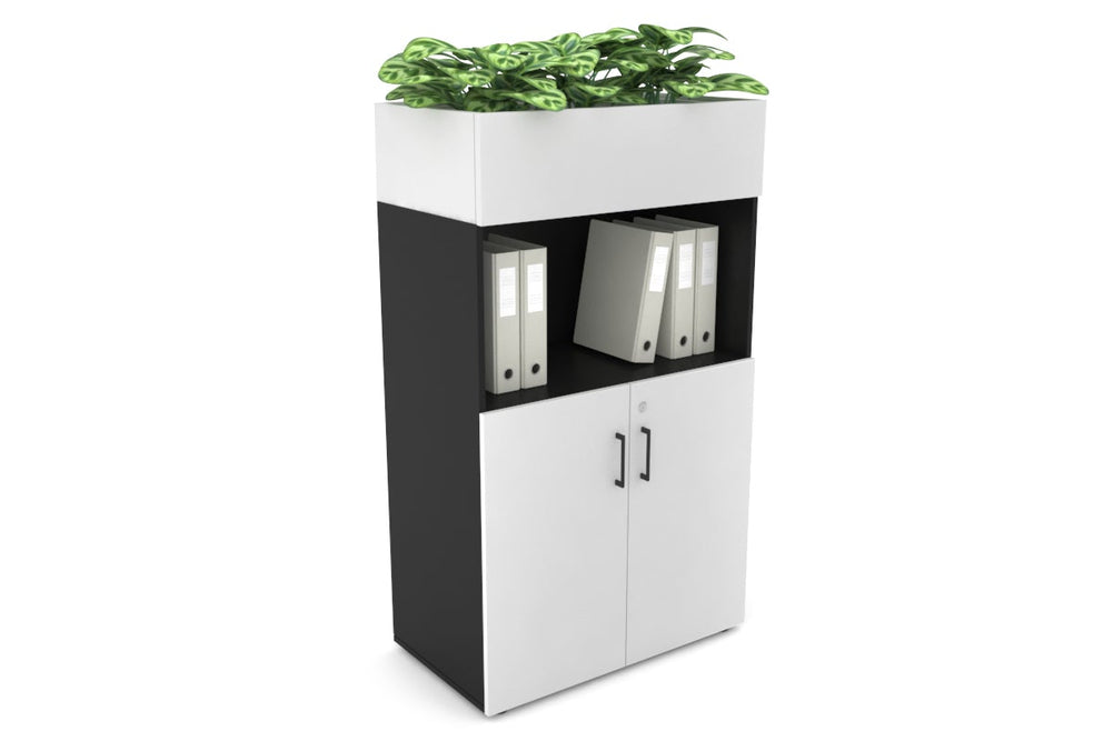 Uniform Medium Storage with Small Doors + Planter Box [800W x 1395H x 450D]-Black white black handle