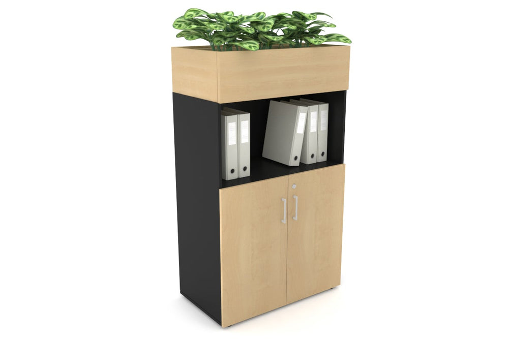 Uniform Medium Storage with Small Doors + Planter Box [800W x 1395H x 450D]-Black maple white handle