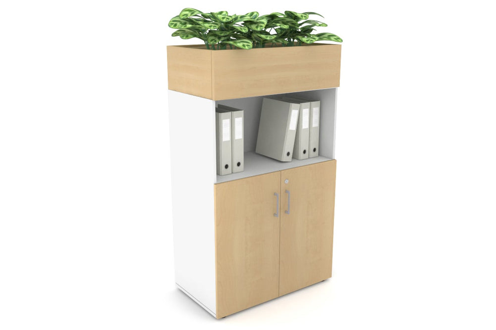 Uniform Medium Storage with Small Doors + Planter Box [800W x 1395H x 450D]-White maple silver handle