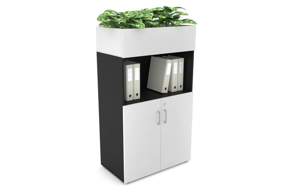 Uniform Medium Storage with Small Doors + Planter Box [800W x 1395H x 450D]-Black white silver handle