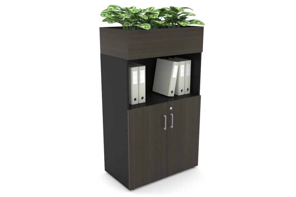 Uniform Medium Storage with Small Doors + Planter Box [800W x 1395H x 450D]-Black dark oak silver handle
