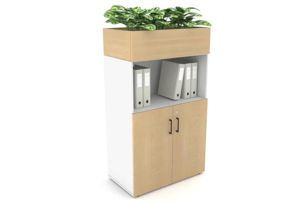 Uniform Medium Storage with Small Doors + Planter Box [800W x 1395H x 450D]-White maple black handle